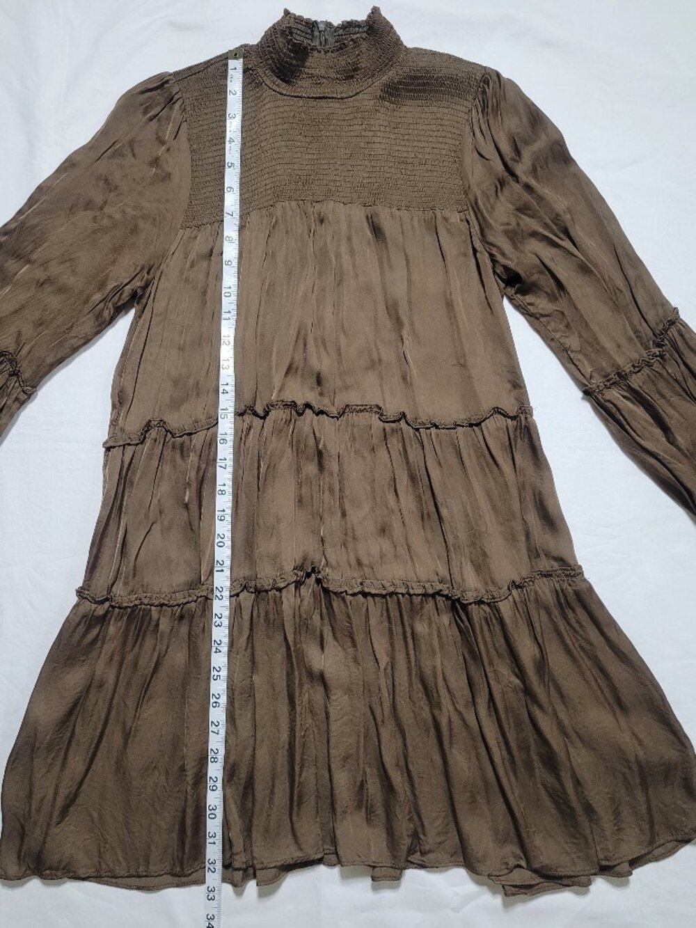 Olivaceous Long Sleeve Tiered Smocked Mini Dress Brown Medium Babydoll Boho - Picture 3 of 10